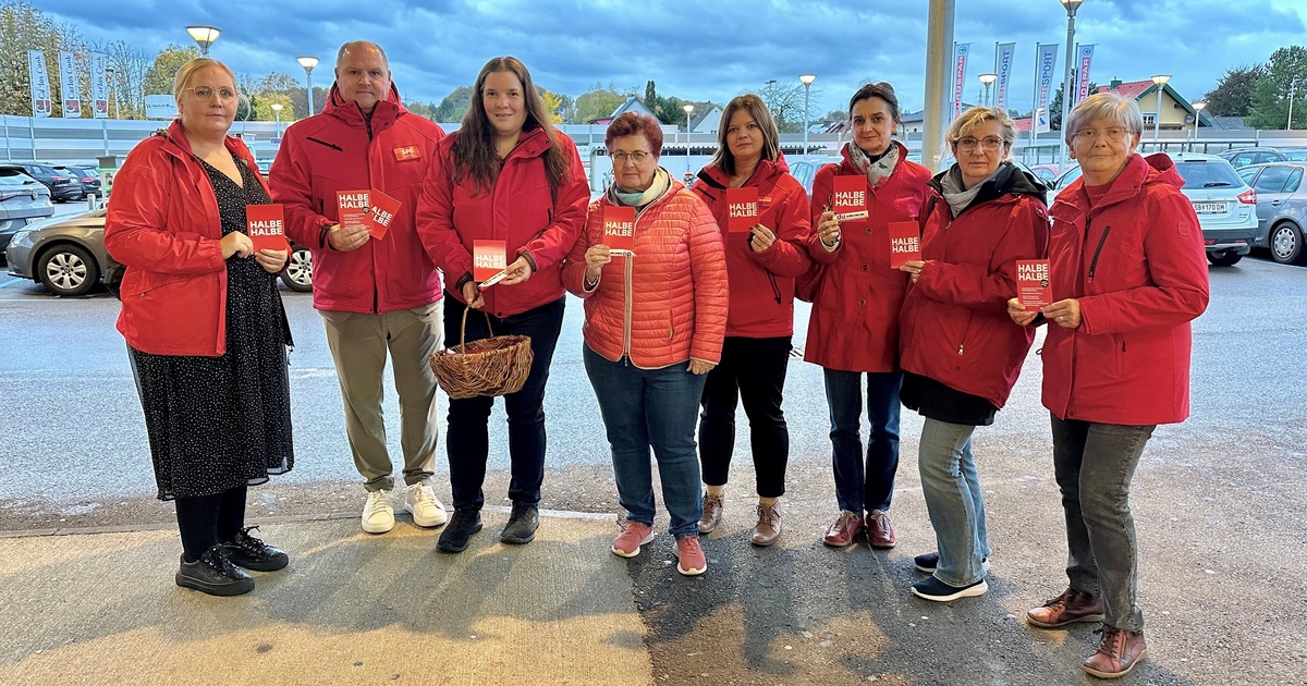  - © Elisabeth Kastner, Abgeordneter zum Nationalrat Alois Schroll, SPÖ-Bezirksfrauenvorsitzende GR Barbara Pflügl, GGR Rosa Wögerer, Christina Fuchs, GGR Jutta Thomasberger, STR Sabine Rottenschlager und Roswitha Wagner bei der Verteilaktion „Halbe Halbe!“ in Wieselburg